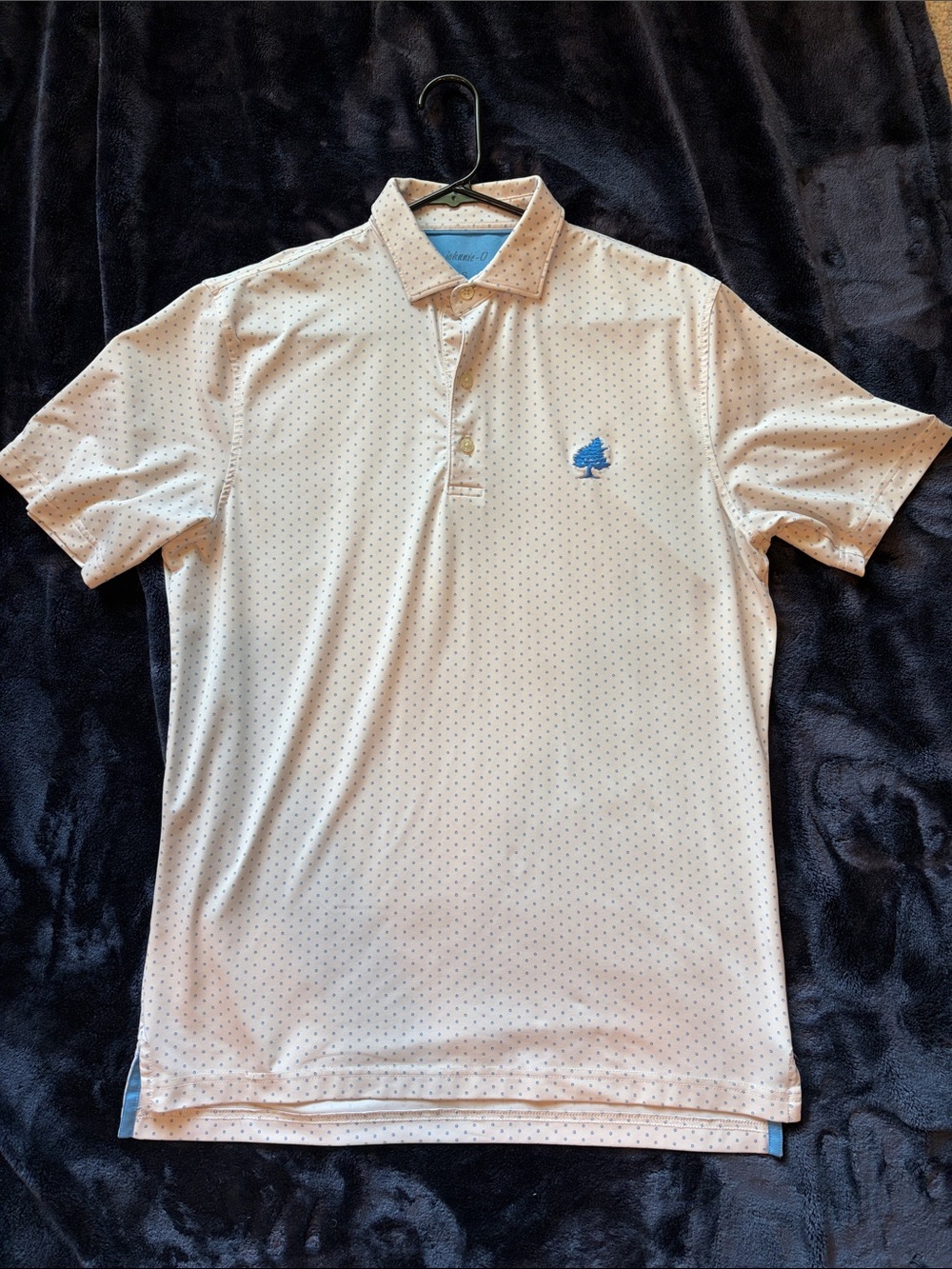 Men's Johnnie-O White Dri-Fit Polo Shirt with Blue polka dots